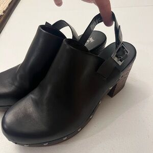 Kork-Ease Black Leather Clogs with Buckle Strap